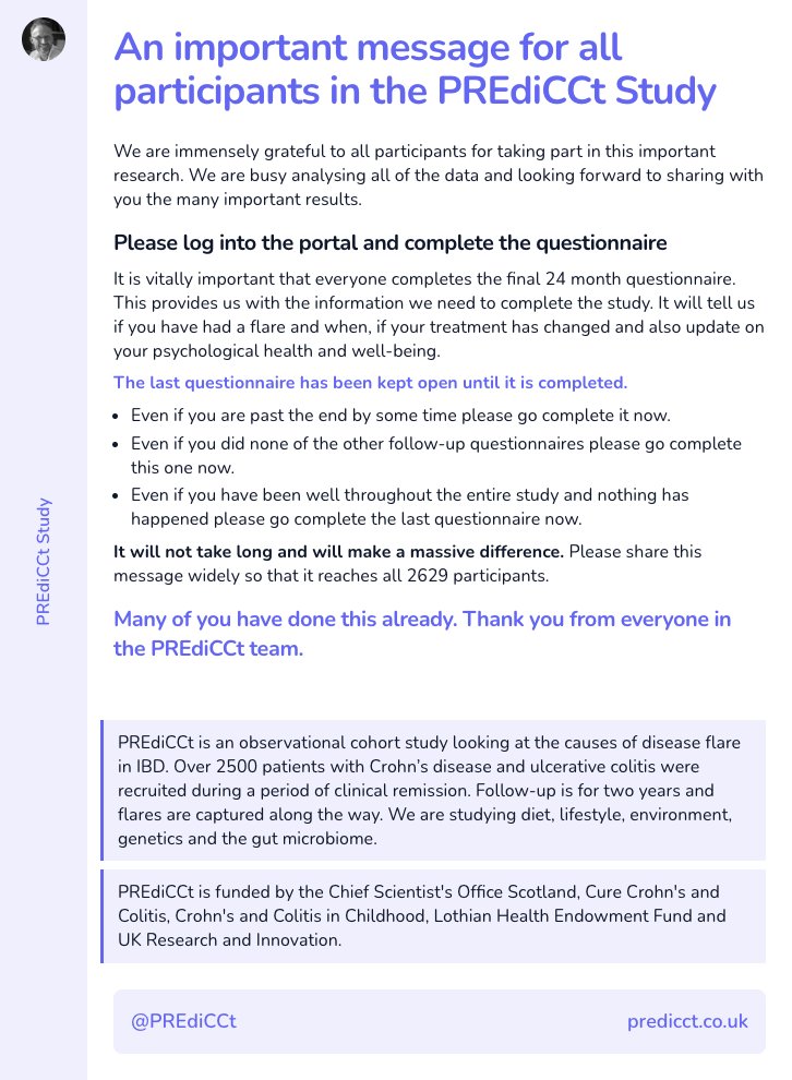 Charlie Lees (@charlie_lees) on Twitter photo I have a big favour to ask.
Have you taken part in the <a href="/PREdiCCt/">PREdiCCt</a> study? Then we need your help.
Please log into the PREdiCCt portal and complete the final questionniare.
Here is why this is so important and a big thank you.
<a href="/crohnscolitisUK/">Crohn's & Colitis UK</a> <a href="/crohnscolitisc3/">Cure Crohn's Colitis - Funding IBD research</a> I have a big favour to ask.
Have you taken part in the <a href="/PREdiCCt/">PREdiCCt</a> study? Then we need your help.
Please log into the PREdiCCt portal and complete the final questionniare.
Here is why this is so important and a big thank you.
<a href="/crohnscolitisUK/">Crohn's & Colitis UK</a> <a href="/crohnscolitisc3/">Cure Crohn's Colitis - Funding IBD research</a>