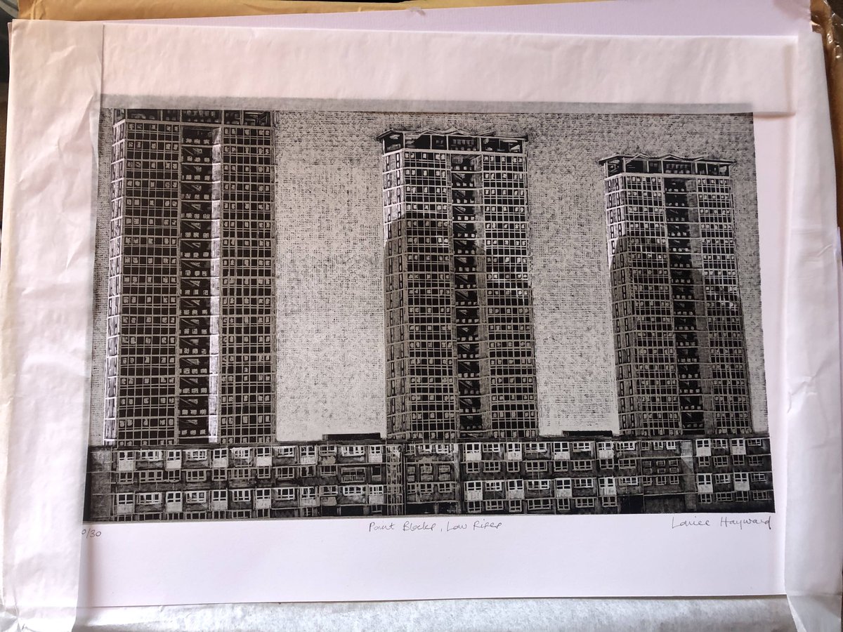 Artist discovery! The work of @LouiseMHayward is sublime. Unwrapping pics of 'Point Blocks, Low Rises'. A woodblock print? I love it! Only 20 left! A big thank you to Louise for helping me acquire this.