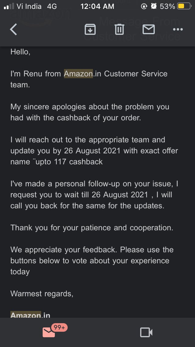 shauryasen's tweet photo. Again I received pathetic service from @amazonIN . I haven’t received cashback as mentioned in below mail for T shirt I bought. No one called me for follow up. https://t.co/5Teqq6aSs2