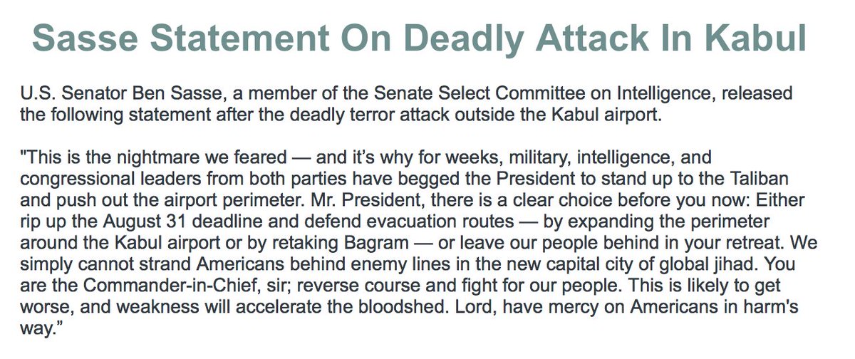 Mr. President, there is a clear choice before you now: Either rip up the August 31 deadline and defend evacuation routes — by expanding the perimeter around the Kabul airport or by retaking Bagram — or leave our people behind in your retreat.