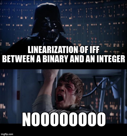 overflow_meme's tweet image. Linearization of IFF between a binary and an integer stackoverflow.com/questions/6893… #pyomo #linearprogramming #mathematicaloptimization #optimization #python