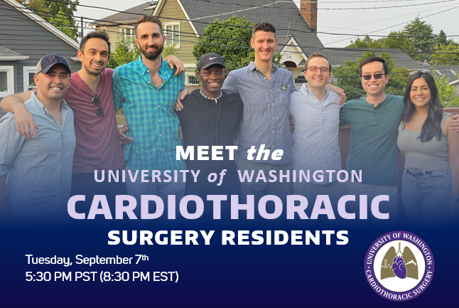 Interested in learning more about I-6 Cardiothoracic Surgery Residency programs? Come meet some of our residents at our virtual open house on Tuesday, 9/7/21, 5:30pm PST. Register here: catalyst.uw.edu/webq/survey/ct…

For more info: uwsurgery.org/introduction-t…

Questions? ctrespa@uw.edu