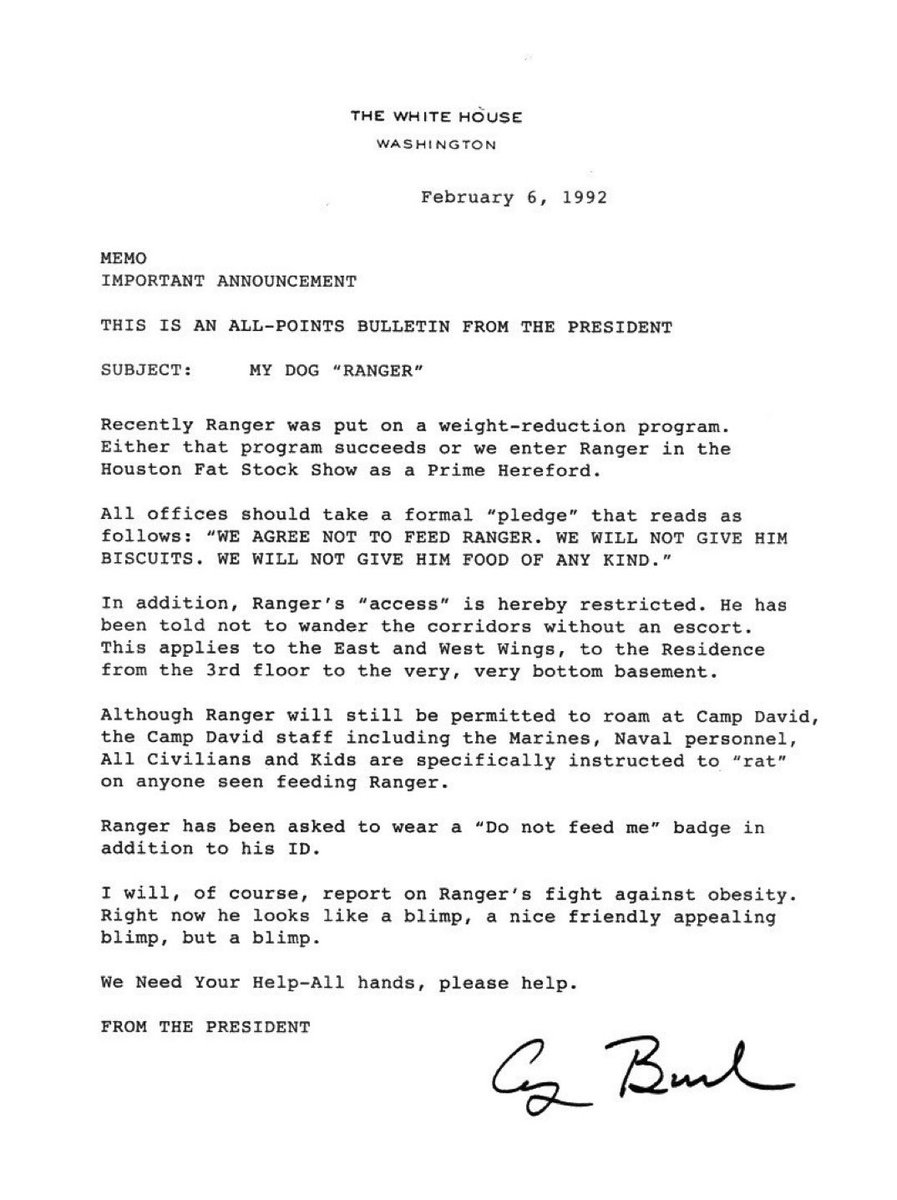 LettersOfNote's tweet photo. Never forget that George Bush Sr's dog got so fat in 1992 that he (Bush) sent this memo to all White House staff.

#InternationalDogDay https://t.co/eOzb3Gz0Ct