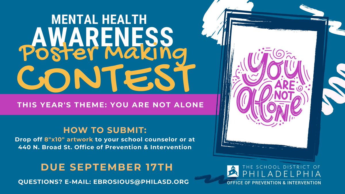 Attention SDP students! Explore your creativity, support mental health and encourage your friends by submitting a poster that visualizes the theme: You Are Not Alone! Submit to your school counselor by Sept. 17th.