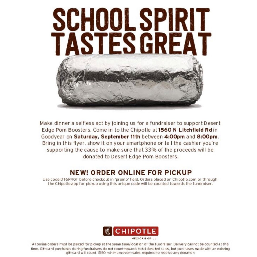 Join #DEHS Pomline Saturday, September 11th between 4pm - 8pm to show your support! Just bring in this flyer, pull it up on your smart phone and tell the cashier you're supporting the cause. You can also order online using code "DT6P4GT"

#ChipotleFundraiser #ChipotleMexicanGrill