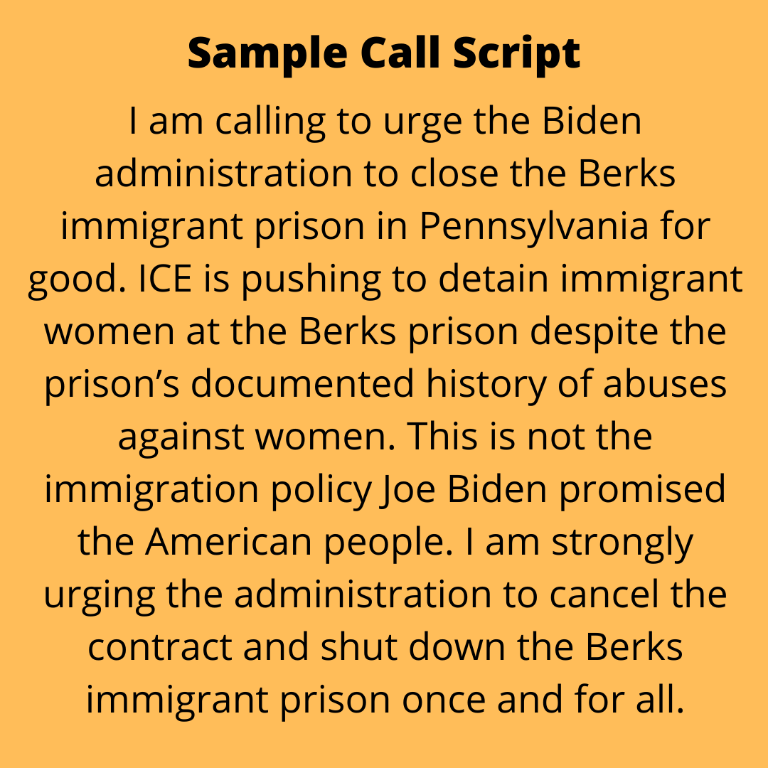I am calling to urge the Biden administration to close the Berks immigrant prison in PA for good. ICE is pushing to detain immigrant women at the Berks prison despite the prison’s documented history of abuses against women. This is not the immigration policy Joe Biden promised the American people. I'm strongly urging the administration to cancel the contract and shut down the Berks immigrant prison once and for all.