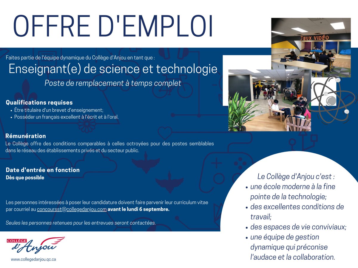 Faites partie de notre équipe en tant qu'enseignant(e) de science et technologie! 
Date limite pour poser votre candidature : 6 septembre
Pour tous les détails de l'offre :
collegedanjou.qc.ca/emplois/
Merci de partager pour nous aider dans notre recherche!