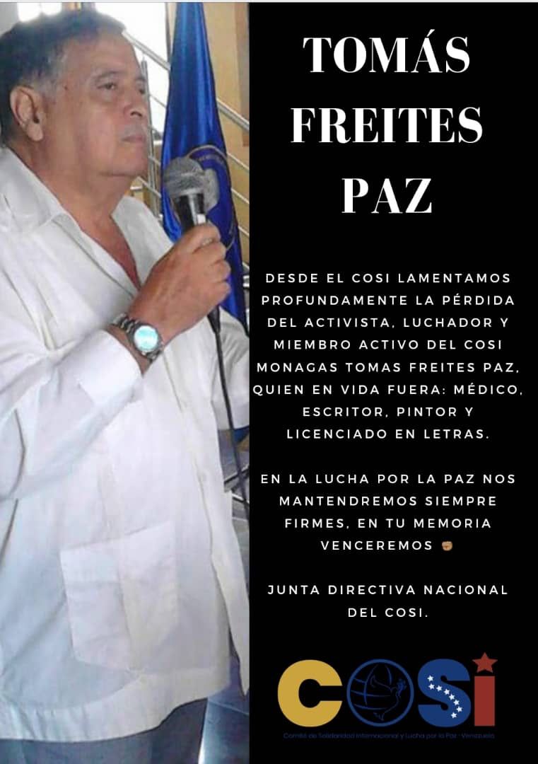 cosi_venezuela's tweet photo. #NotaDeDuelo 🕊🌿✝️ || Desde el COSI Venezuela lamentamos el cambio de paisaje del camarada Tomás Freites Paz, quien era miembro activo del COSI Monagas, luchador incansable por la solidaridad de los pueblos. https://t.co/Q7eh0ZJXHy