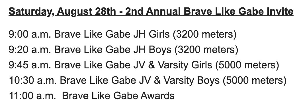 Perham XC & Track (@perhamcc) on Twitter photo 2nd Annual Brave Like Gabe this Saturday, August 28 at Arvig Park!Races starts at 9 am with 19 teams. Brave Like Gabe shirts $15 with all proceeds to go to <a href="/bravelikegabe/">Brave Like Gabe Foundation</a> Results on <a href="/gsetiming/">gopherstatetiming</a> <a href="/Lakes995sports/">Mike Peterson</a> @CraigOlsonSport <a href="/DomIzzoWDAY/">Dom Izzo</a> <a href="/CoryHepola/">Cory Hepola</a> <a href="/PerhamFocus/">Perham Focus</a> #RunningOnHope 2nd Annual Brave Like Gabe this Saturday, August 28 at Arvig Park!Races starts at 9 am with 19 teams. Brave Like Gabe shirts $15 with all proceeds to go to <a href="/bravelikegabe/">Brave Like Gabe Foundation</a> Results on <a href="/gsetiming/">gopherstatetiming</a> <a href="/Lakes995sports/">Mike Peterson</a> @CraigOlsonSport <a href="/DomIzzoWDAY/">Dom Izzo</a> <a href="/CoryHepola/">Cory Hepola</a> <a href="/PerhamFocus/">Perham Focus</a> #RunningOnHope