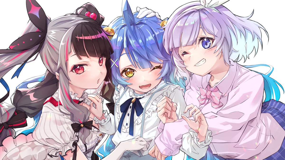 multiple girls 3girls blue hair one eye closed red eyes smile ribbon  illustration images