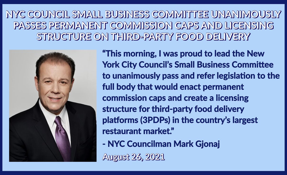 MarkGjonajNY's tweet photo. Today I was proud to lead the @NYCCouncil #SmallBusinessCommittee unanimously as we passed & referred legislation to the full body to enact permanent commission caps & create a licensing structure for third-party food delivery platformsin the country’s largest restaurant market. https://t.co/14T6qyfK2d