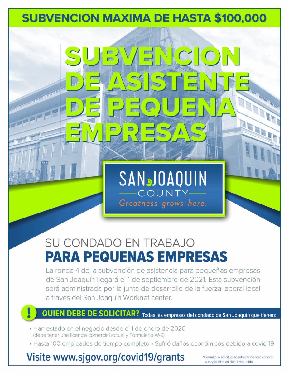 San Joaquin County will start accepting applications for the new round of Small Business Grants beginning September 1, 2021. This grant is managed by the San Joaquin County WorkNet Center.

ow.ly/PhQX50FYWA3