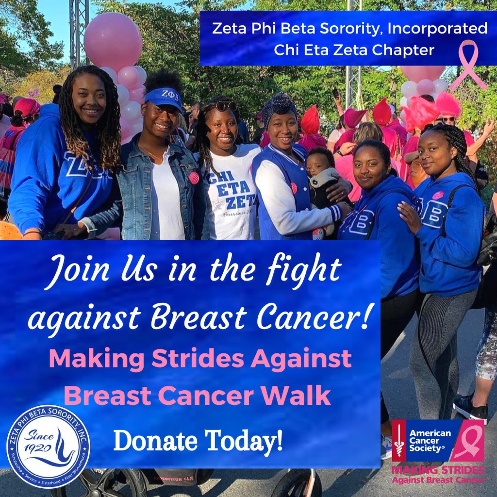 Join us in the fight against Breast Cancer as we walk on September 26th to raise funds and awareness! 

Join our team today to help save lives and spread awareness!
#ZetaPhiBetaThinksPink #ZetaPhiBetaFightsCancer
#MakingStridesAgainstBreastCancer
