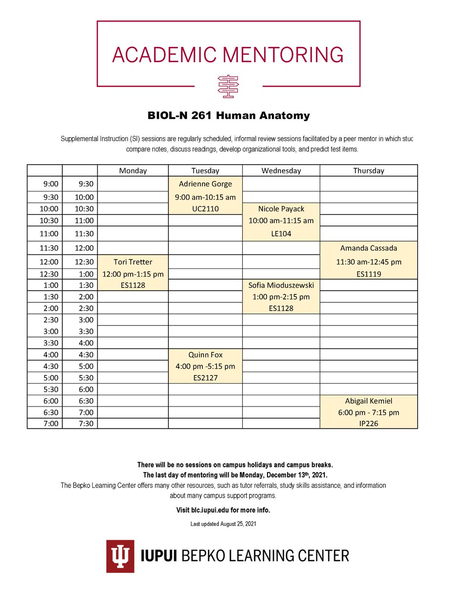 Health & Life Sciences @IUPUI (@hlsci_iupui) on Twitter photo The BIOL-N 261 mentoring schedule has been updated! Some sessions have new rooms! The BIOL-N 261 mentoring schedule has been updated! Some sessions have new rooms!