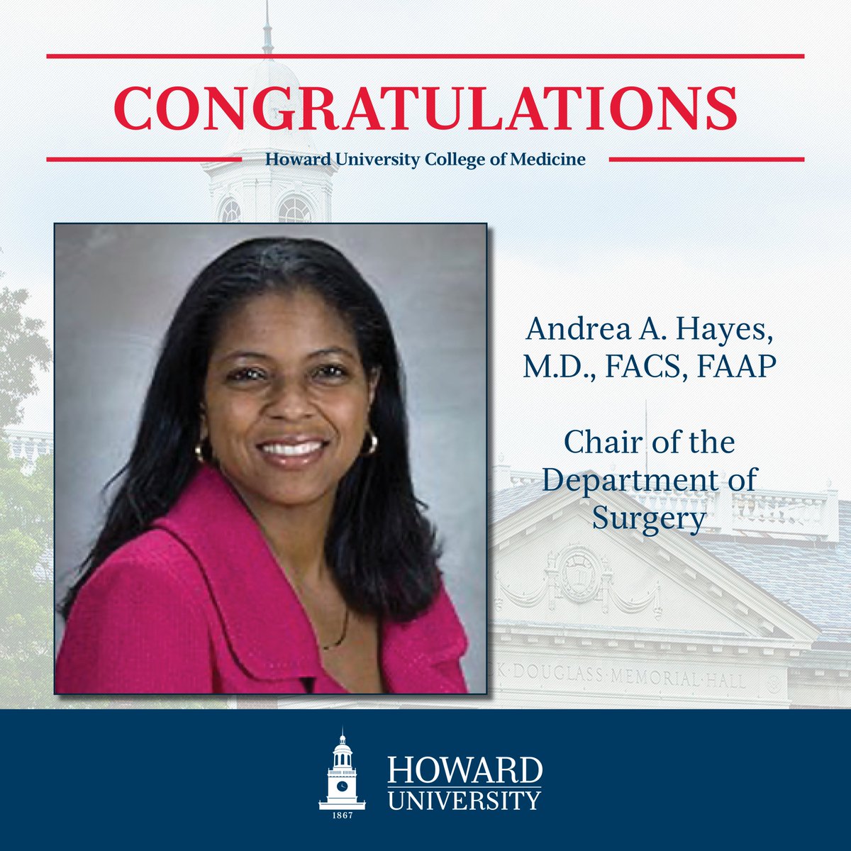 Howard University (@howardu) on Twitter photo Howard University is pleased to announce the appointment of Dr. Andrea A. Hayes, M.D. as chair of the Department of Surgery. We welcome Dr. Hayes as the first woman in Howard's history to serve in the position. #HowardForward 
🗞: bit.ly/3zlxFtF Howard University is pleased to announce the appointment of Dr. Andrea A. Hayes, M.D. as chair of the Department of Surgery. We welcome Dr. Hayes as the first woman in Howard's history to serve in the position. #HowardForward 
🗞: bit.ly/3zlxFtF