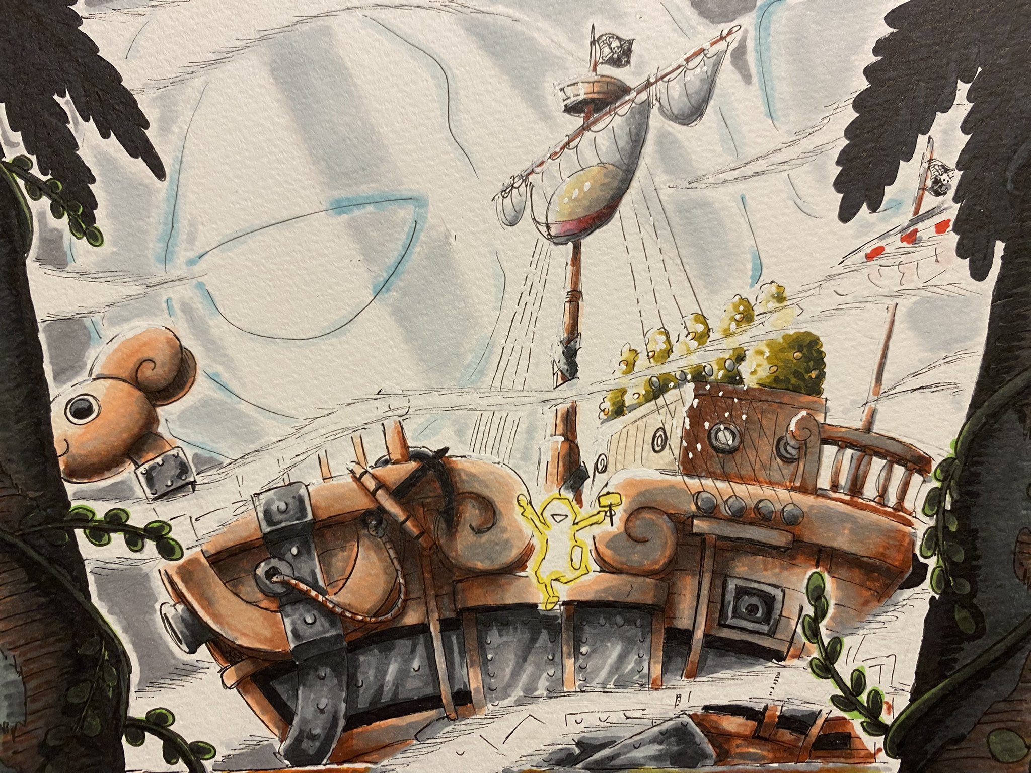 サトー D スケ 空島でクラバウターマンがメリー号を修理してるところ 描いてみました 幻想的な雰囲気だしたかったんですが まだまだですねw 船をちゃんと描いたの初めてで苦戦したけどだんだん楽しくなりました Onepiece イラスト ゴーイング