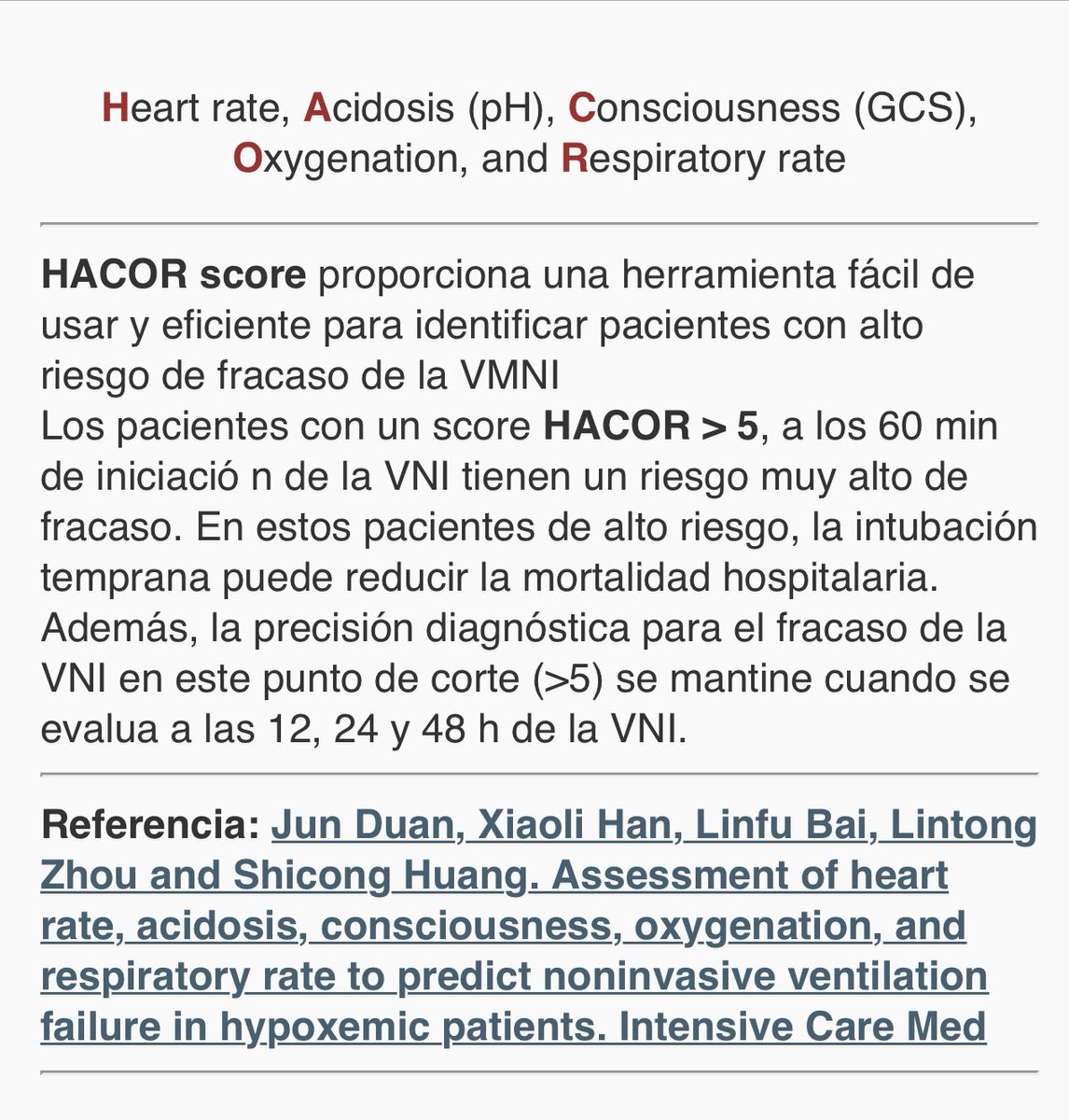 alemoyaal's tweet photo. HACOR score para predecir el posible fracaso de la VMNI. Un score mayor a 5 a los 60 min de iniciada la VMNI ofrece con buena sensibilidad fracaso de la misma #emergencypearls #critcare @leochacon @ChavarraJavier @job_rdz https://t.co/4gA7K80HWe