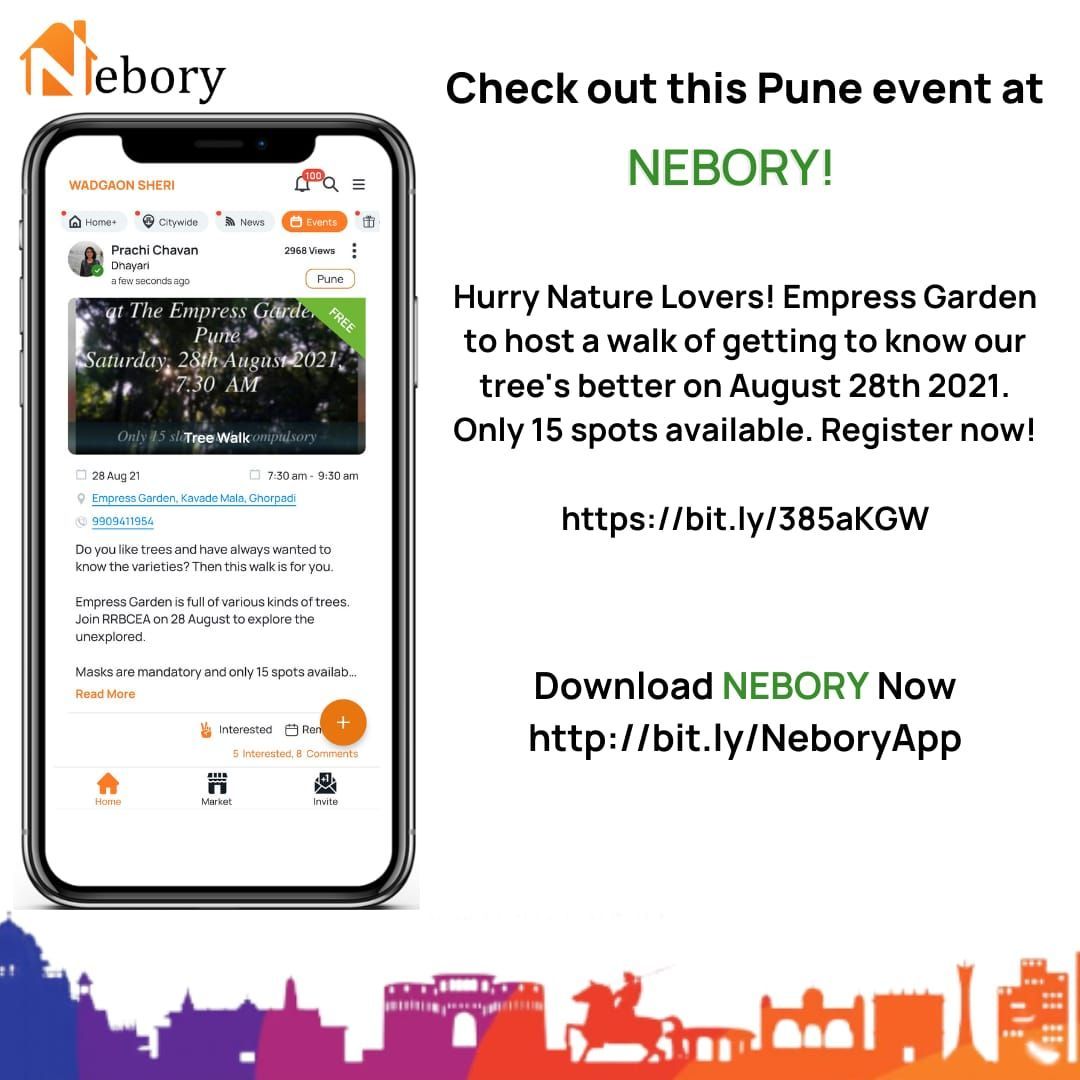 NeboryApp's tweet photo. Hurry Nature Lovers! Empress Garden to host a walk of getting to know our tree's better on August 28th 2021. Only 15 spots available. Register now! For more check out here https://t.co/VkmCMmQKfE

#Nebory #event #puneevent #onlineevent #Pune #Punekar #Punenightlife #Punecity https://t.co/ZJEDnWqOce