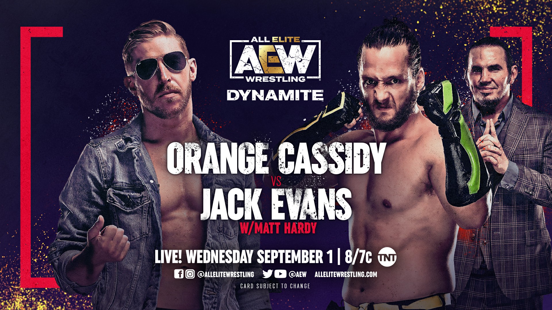 All Elite Wrestling on Twitter: &quot;After defeating @MATTHARDYBRAND last week, @orangecassidy faces @JackEvans711 of the #HFO with Big Money Matt in his corner THIS WEDNESDAY (9/1) on the 100th episode of #AEWDynamite