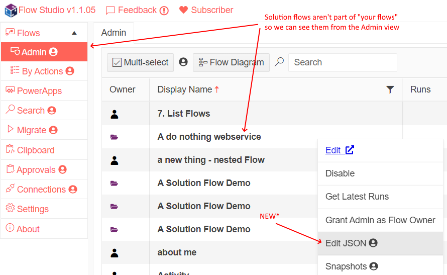 johnnliu's tweet photo. Pushed @FlowStudioApp v1.1.05 to dev.
This one allows Edit JSON for solution-flows.

I know many customers have asked me for this - we are nearly there.

You can try this today on https://t.co/uehqd6Xgq1 https://t.co/l3mJN8E0J3