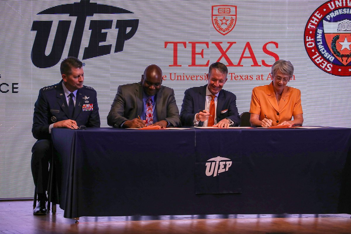 UTEP's tweet photo. A major announcement took place at UTEP this morning. UTEP, the @utsystem and @UTAustin signed agreements today with the @SpaceForceDoD to provide advanced research and workforce development for the newest branch of the U.S. Armed Services. Learn more: https://t.co/GXR35OtosN https://t.co/X1WIgXvQUe