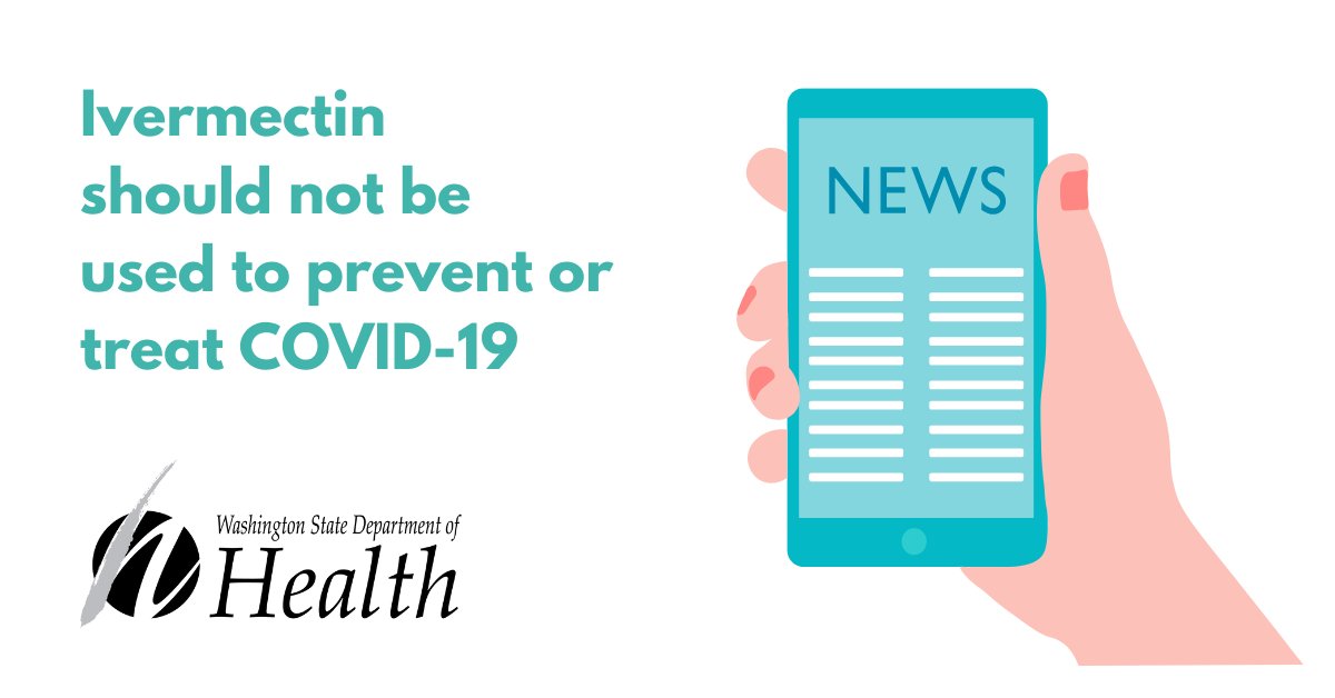 WADeptHealth's tweet image. DOH warns people should not take ivermectin to prevent or treat COVID-19, following today’s Health Alert Network advisory released by the @CDCgov. Ivermectin is an antiparasitic drug used commonly in humans and animals.  

Details in our news release: spr.ly/6019yQBGb