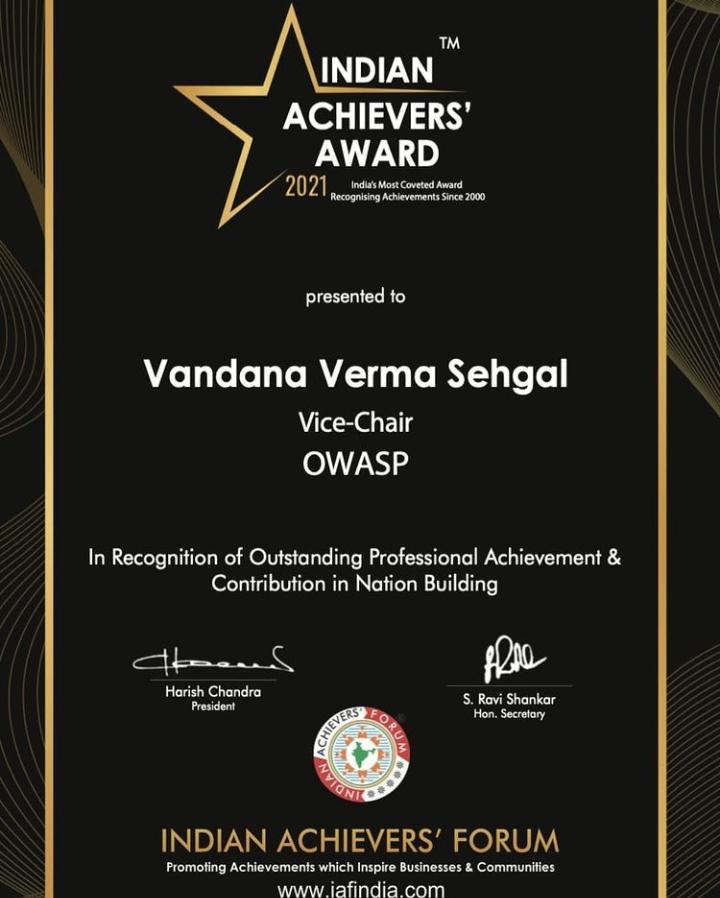 Gratitude and heartiest thanks to everyone for supporting me and believing in me. 

Huge thanks to Indian Achivers Forum for "Indian Achievers Award"  2021.

This one means a lot to me 🙏
 
 #inspiration #cybersec <a href="/snyksec/">Snyk</a> <a href="/OWASP/">OWASP® Foundation</a> <a href="/infosecgirls/">InfosecGirls</a> <a href="/InfosecDiversty/">Infosecdiversity</a> <a href="/infoseckids/">infoseckids</a>