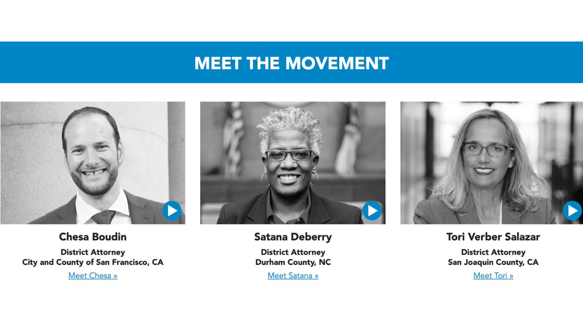 Meet the Movement on blue ribbon at top and pictures of Chesa Boudin, Satana Deberry, and Tori Verber Salazar.