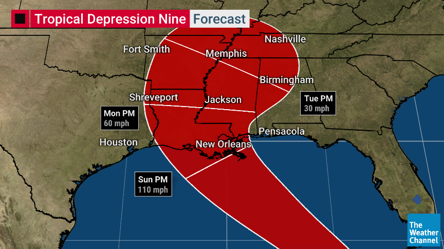weatherchannel's tweet photo. Get prepared NOW. By this weekend, we'll have a hurricane in the Gulf of Mexico. 

Tropical Depression Nine is close to tropical storm status. Hurricane Hunters are currently investigating the system. https://t.co/h9hgUKUhJ5