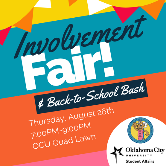 OKCU's tweet photo. Tonight! OCU’s Student Involvement Fair &amp; Back to School Bash will be taking place today from 7:00 p.m. – 9:00 p.m. on the OCU Quad Lawn. This is a terrific opportunity for students to get involved on campus. Free food, inflatables, giveaways, and more will be provided. https://t.co/YLG3av5WmG
