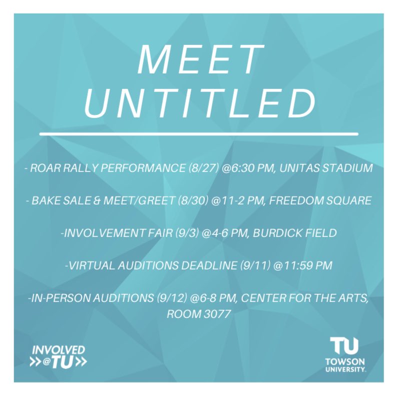 towsonuntitled's tweet photo. Don’t miss our live performance! Meet Untitled this Friday (8/27) at 6:30 pm for Roar Rally. 

We are also excited to announce that auditions are open for the Fall 2021 Semester! The due date for virtual auditions (link in bio) and the date for in-person auditions are listed! https://t.co/xGL1o2BYRx