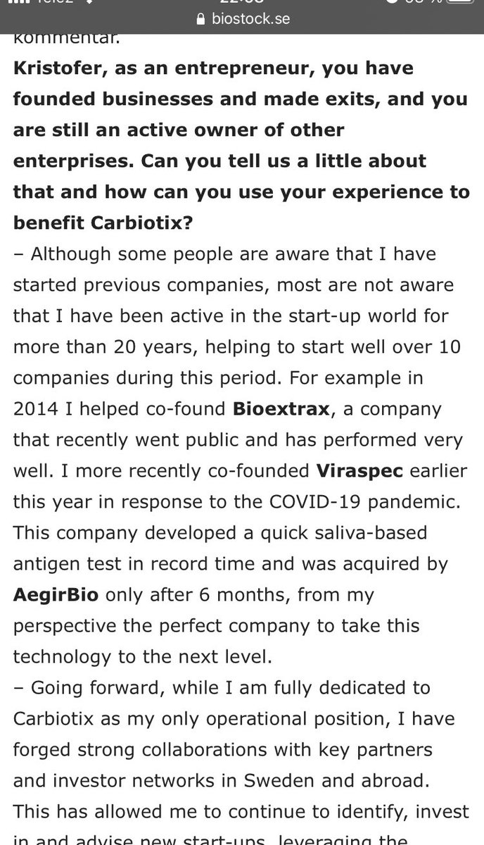 BullsideStories's tweet image. Underskatta fan inte $CRBX #carbiotix VD Kristofer Cook!

Killen har byggt upp #Bioextrax $BIOEX och Viraspec som blev förvärvad av #Aegirbio $AEGIR. Nu är det hans eget bolag Carbiotix kommer leverera 
#finanstwitter