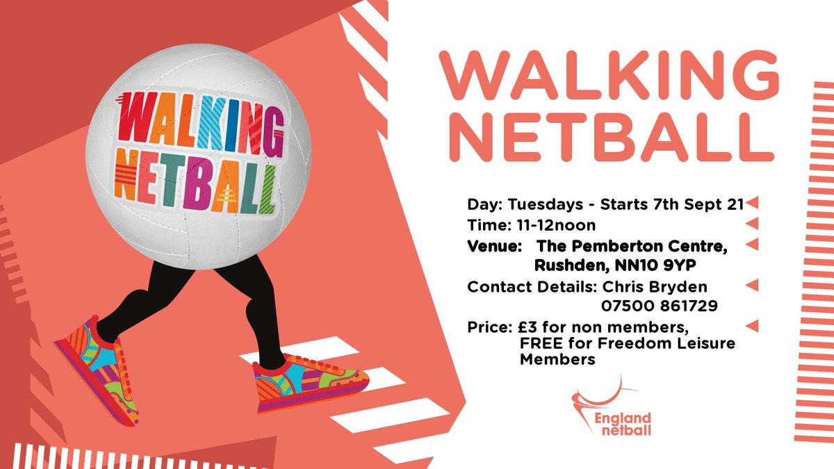 Walking Netball returns tomorrow <a href="/FreedomENActive/">Freedom Leisure NN Active Communities</a> The Pemberton Centre, Rushden
11-12noon
Free to Freedom Leisure Members / £3 non members

Bring some trainers, wear comfy clothes and a drink..

#Walkthisway #GetAwiggleOn