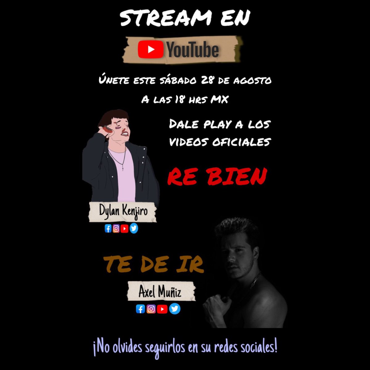 FamiliaAxeler's tweet photo. ⚠️ IMPORTANTE ⚠️ 
Nos unimos a @FamKenji y este sábado nos vemos para reproducir #TeDejeIr y #ReBien
¡Lxs esperamos! https://t.co/GpOfRBUHH5