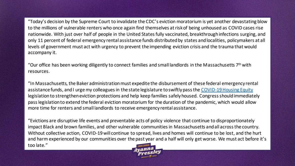 RepPressley's tweet image. The Supreme Court ruling against the eviction moratorium is yet another devastating blow to millions who once again find themselves at risk of being unhoused.

Policymakers at all levels must act. 

My full statement: