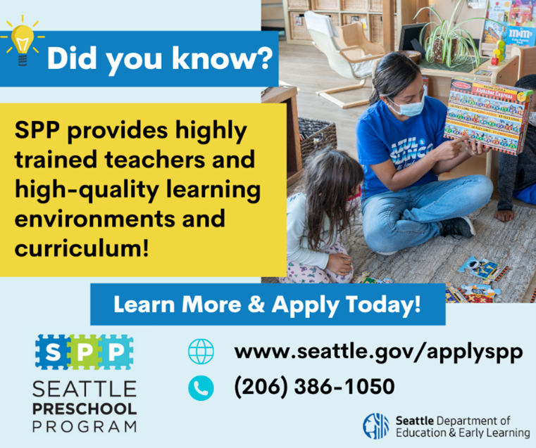 SeattleParks's tweet photo. Is your child #kindergartenready? @SeattleDEEL’s #SeattlePreschoolProgram (SPP) can help! SPP’s providers offer nationally recognized programming, including dual-language programs at some sites. Learn more and #applySPP today at https://t.co/8RxToqJh3y https://t.co/pmvNyS3s85