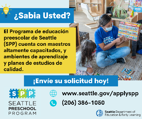 SeattleParks's tweet photo. Is your child #kindergartenready? @SeattleDEEL’s #SeattlePreschoolProgram (SPP) can help! SPP’s providers offer nationally recognized programming, including dual-language programs at some sites. Learn more and #applySPP today at https://t.co/8RxToqJh3y https://t.co/pmvNyS3s85
