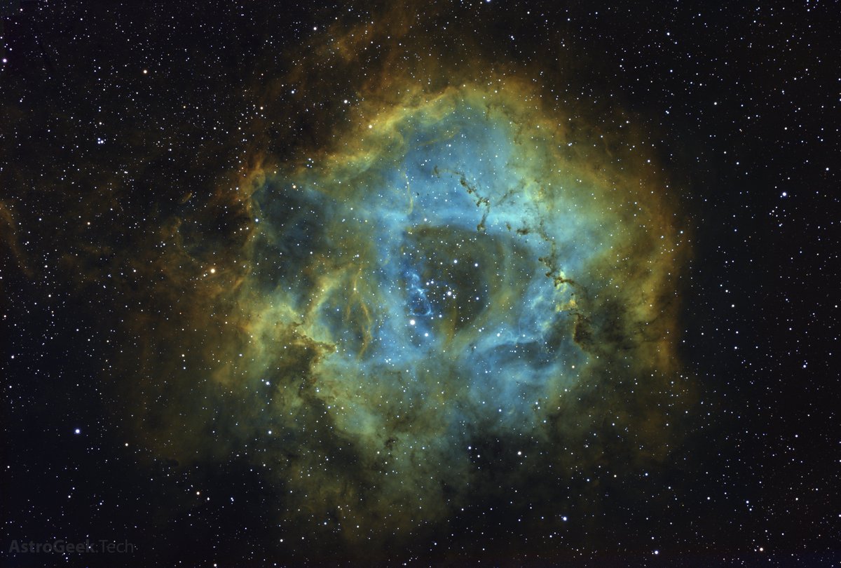 This is the #RosetteNebula taken in January of this year, presented in SHO (Hubble) palette. Total of 17 hours between Ha, O3 and S2.

Mount: EQ6-R
Scope: WilliamOptics ZS81
Camera: ZWO ASI294mm Pro

#Astrophotography