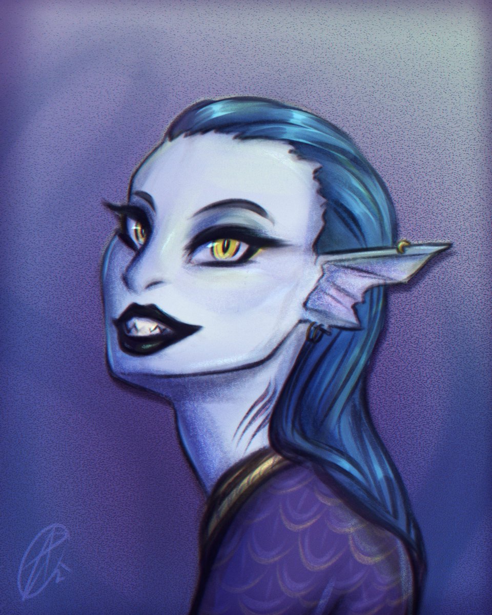 AngriePeanut's tweet photo. New character drop! I got to surprise my party with the sudden introduction of my newest character today, Laticauda Krait!

Lati for short~ 💙🐟

#dnd5e #DnDcharacter https://t.co/HmcqCquUCG