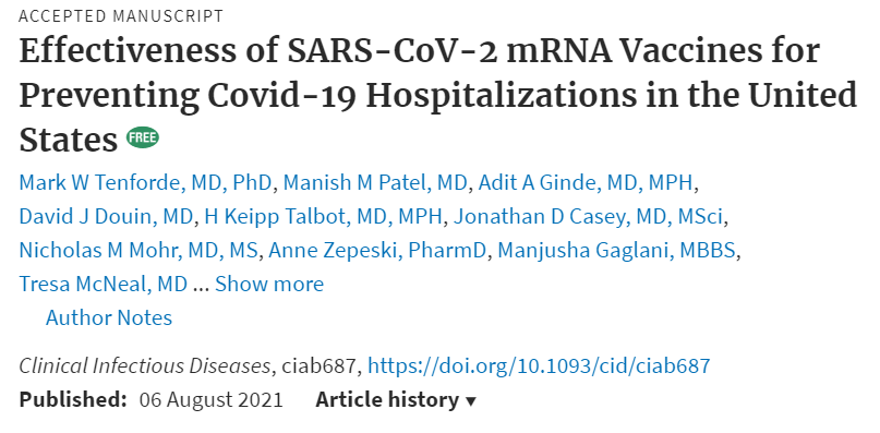 A new multicenter case-control analysis in CID found that during March–May 2021, SARS-CoV-2 mRNA vaccines were highly effective at preventing COVID hospitalizations among U.S. adults. 

📄:bit.ly/3ycy8wH #IDSAJournals #ClinInfectDis