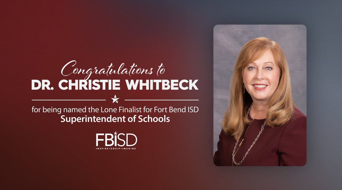 Dr. Christie Whitbeck Superintendent of Bryan ISD, and former Deputy Superintendent of Fort Bend ISD, has been named as the lone finalist to serve as the next superintendent of Fort Bend ISD. 

Read More: bit.ly/3Dj4Os9