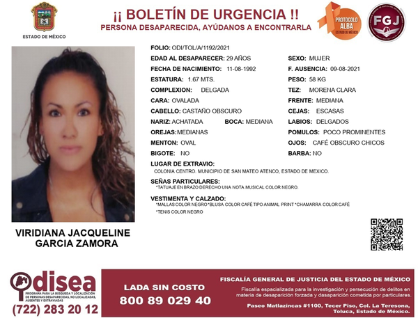 QuePocaMadre_Mx's tweet photo. ¡COMPARTE! Posiblemente gracias a ti podamos localizar a Viridiana Jacqueline García Zamora, de 29 años de edad, fue vista por última vez el día 09 de agosto 2021 en la colonia Centro en el municipio de #SanMateoAtenco #Edomex https://t.co/Keu0ml9JSg