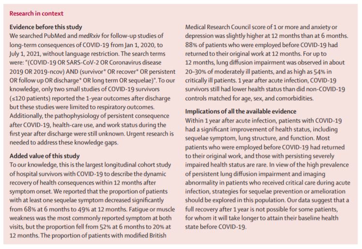 NEW—Most symptoms of #COVID19 in hospitalised patients are resolved within 12 months, however, around one of patients half still experience at least one persistent symptom: finding from a study of 1276 patients from Wuhan, China 
hubs.li/H0W299T0