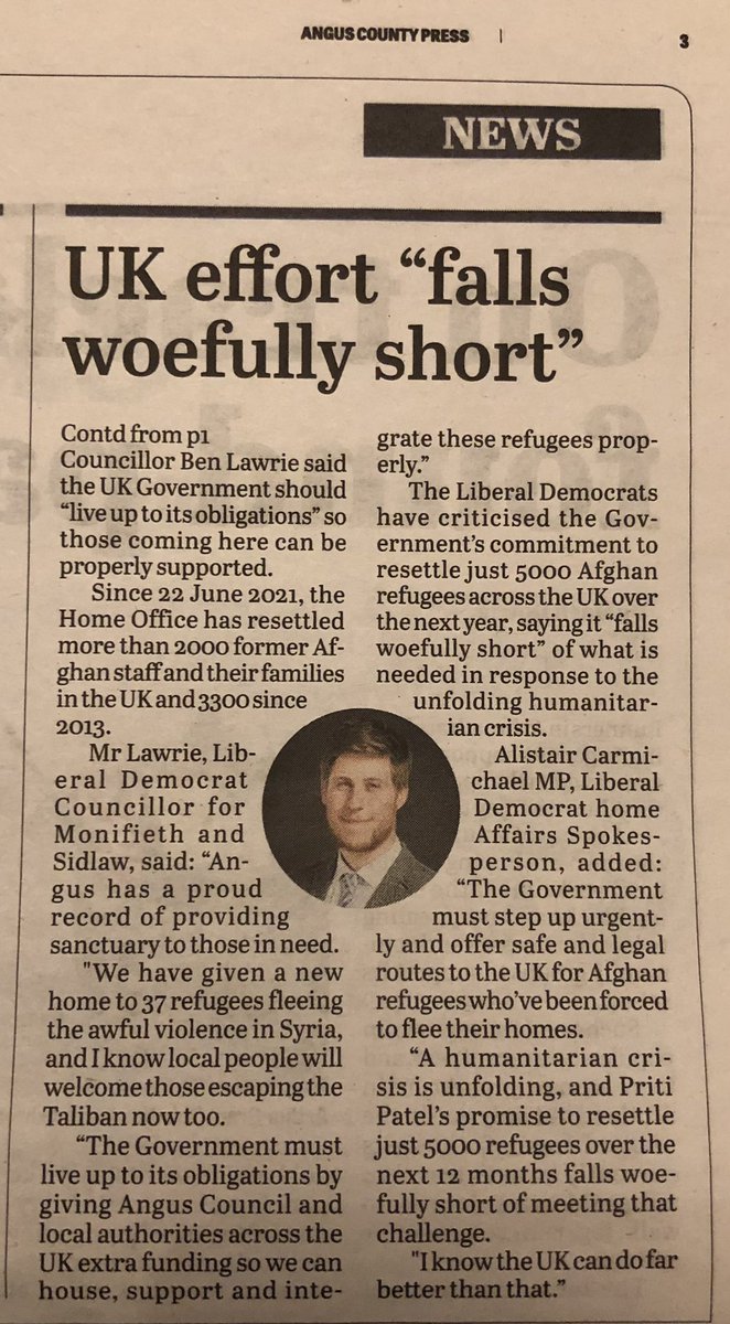 BenLawrie's tweet photo. In this weeks #AngusCountyPress: I’ve called on the UK Government to provide extra funding to support Afghan refugees. https://t.co/sj0ptvFBWb