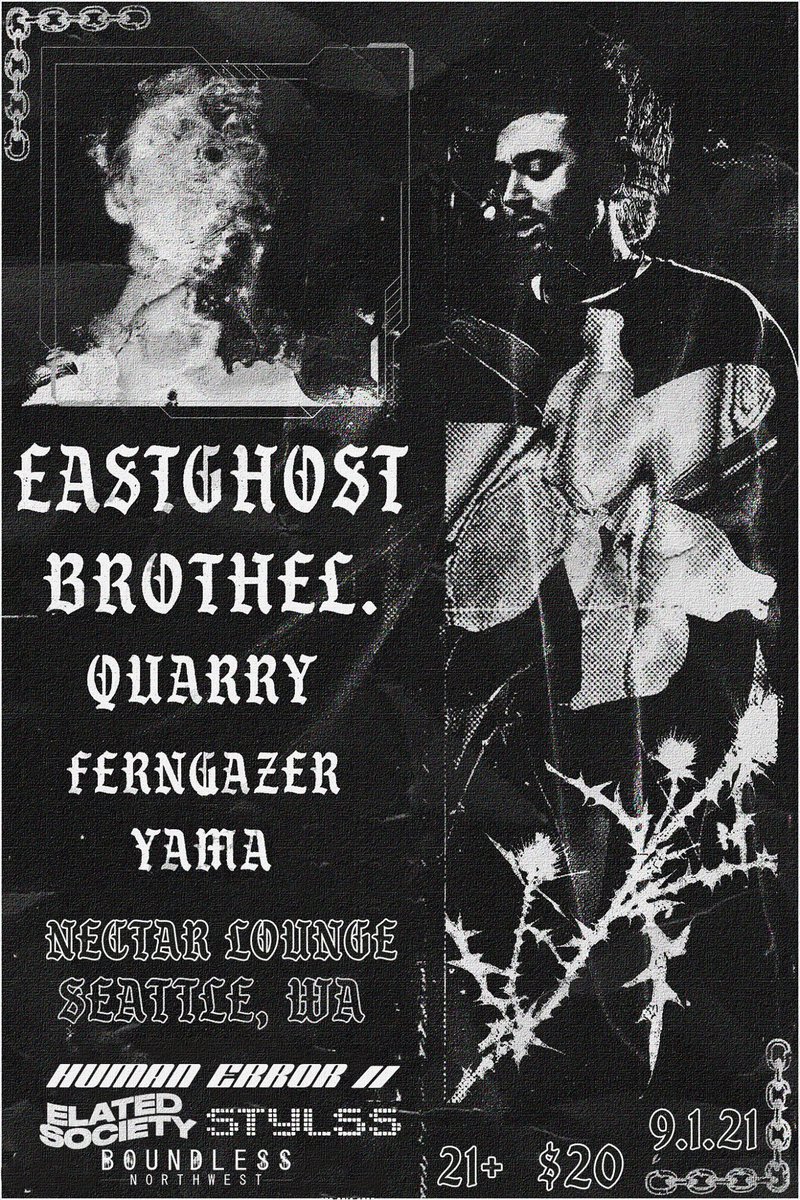 brothelmusic's tweet photo. REALLY ABOUT TO PERFORM NEXT WEEK IN SEATTLE WITH ONE OF MY FAVORITE PRODUCERS @eastblessed 
EASTGHOST + BROTHEL + QUARRY + FERNGAZER + YAMA = BEST NIGHT OF YOUR LIFE. 
we all crying together september 1st https://t.co/TCOcHllXwz