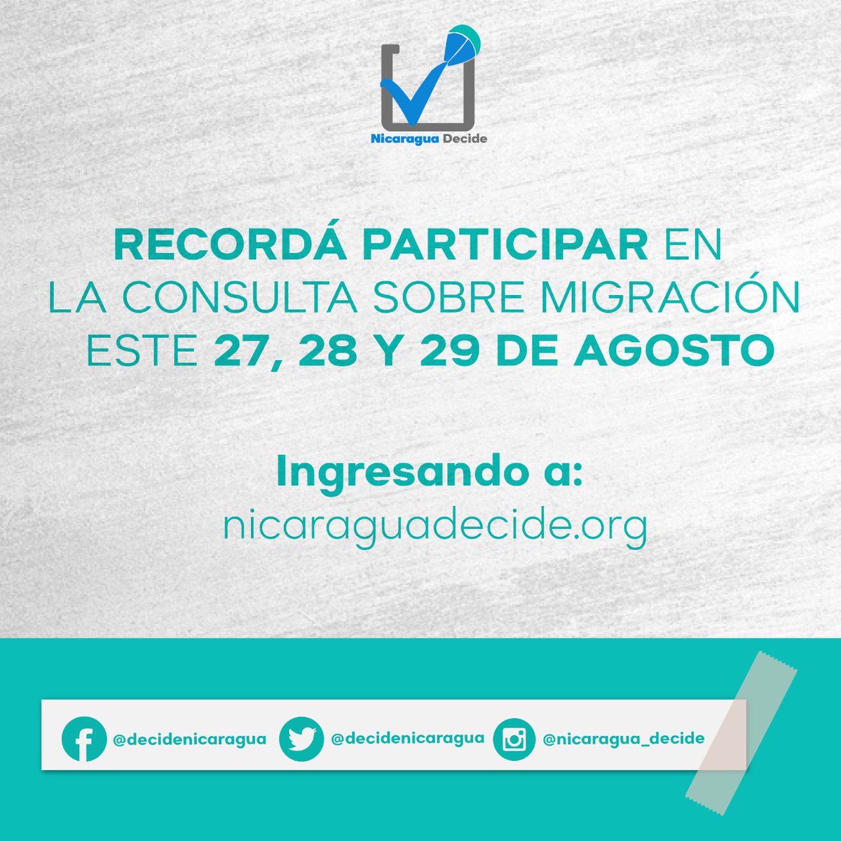 DecideNicaragua's tweet photo. Recordá participar de esta consulta ciudadana, para conocer más sobre los factores y consecuencias por las que las y los nicaragüenses están saliendo de Nicaragua.

La consulta abre el viernes 27 a las 6 de la mañana y cierra el domingo 29 a la medianoche.

#MigracionNica https://t.co/2TDT4t62Vc