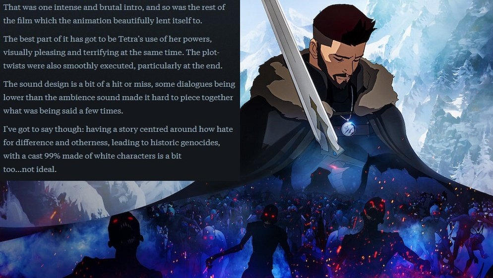 anamelessplanet's tweet photo. Watched #TheWitcherNightmareoftheWolf on #Netflix and I've got to say that this franchise has something good going on.
It's not perfect,  but still was an enjoyable #anime entry. 

#TheWitcher #animation #film #movie  #action #gore #lore #Vesemir #Geralt #blog #blogger https://t.co/b6Bd3UDzdT