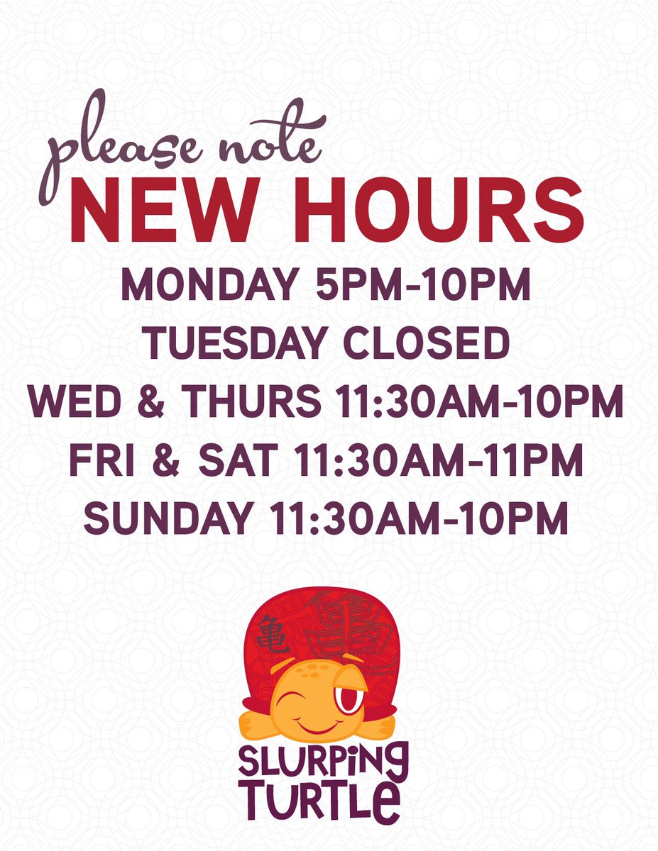 SlurpAnnArbor's tweet photo. Please note our new hours:
Mon: 5pm-10pm
Tues: Closed
Wed & Thurs: 11:30am-10pm
Fri & Sat: 11:30am-11pm
Sunday: 11:30am-10pm
Happy Slurping! #newhours #closedmonday #closedtuesday #thursdaythoughts https://t.co/U1hQuXaacP