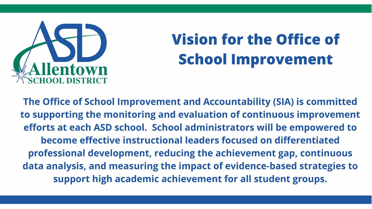 Smith501Melissa's tweet photo. Tonight the vision for the School Improvement and Accountability Office was shared at the @AllentownSD School Board meeting as part of our ESSER Presentation. It is exciting to have this vision set the priorities for the work I lead. #continuousschoolimprovement https://t.co/8ufqMNWa7D
