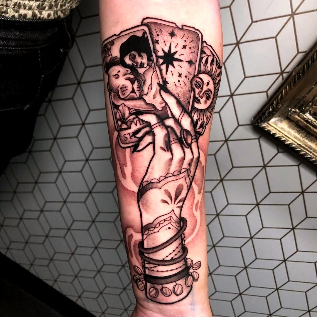 Tattoo Connect on X: "Tarot cards by Perth-based tattoo artist leshtattoo done at obsidianinktattoo via Instagram #tarotcardtattoo #neotraditionaltattoo https://t.co/XQIk8HKjuQ" / X